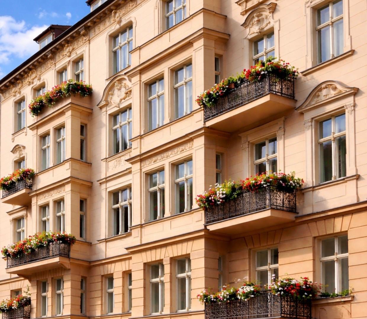 Altbau-Fassade mit Balkonen und Blumenk&auml;sten in Berlin